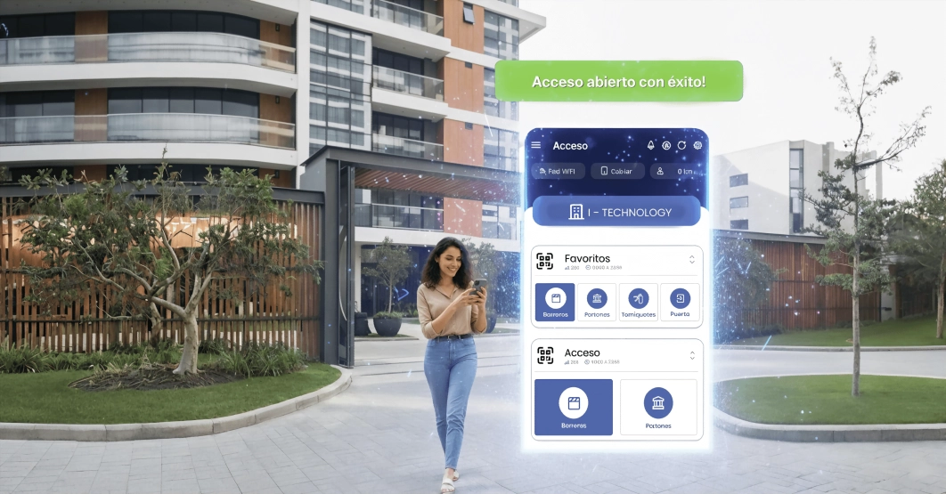 Vista de un condominio moderno con el sistema de control de acceso QuéHay!