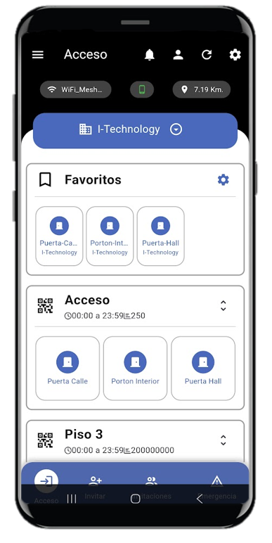 Captura de pantalla de la aplicación móvil QuéHay, mostrando los botones de control de acceso geolocalizados.